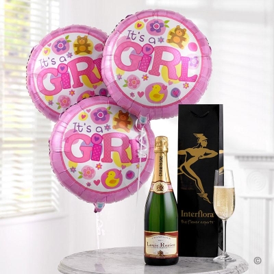 Celebratory Champagne and Baby Girl Balloons