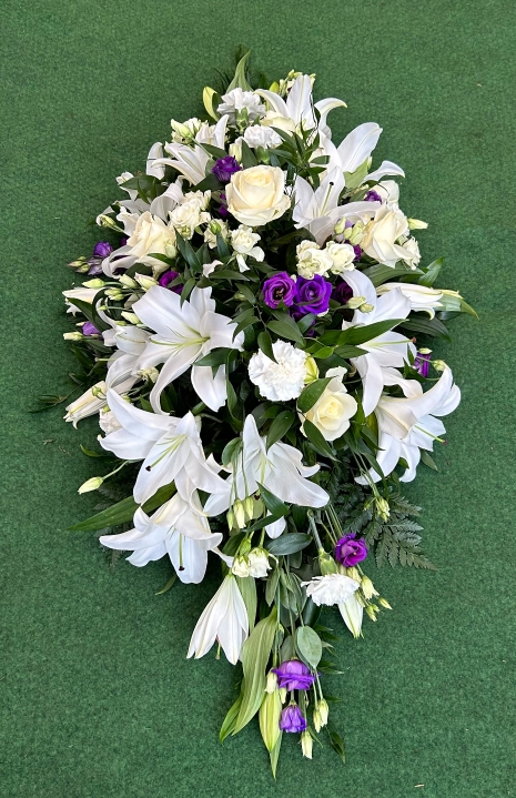 Double Ended Coffin Spray White Lily, hint of Purple