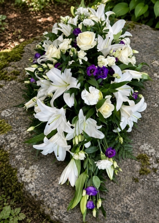 Double Ended Coffin Spray White Lily, hint of Purple