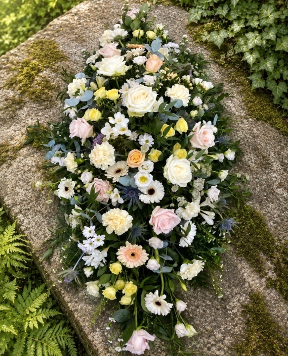 Double Ended Coffin Spray White, Cream, Blue