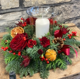 Christmas Embers Hurricane arrangement